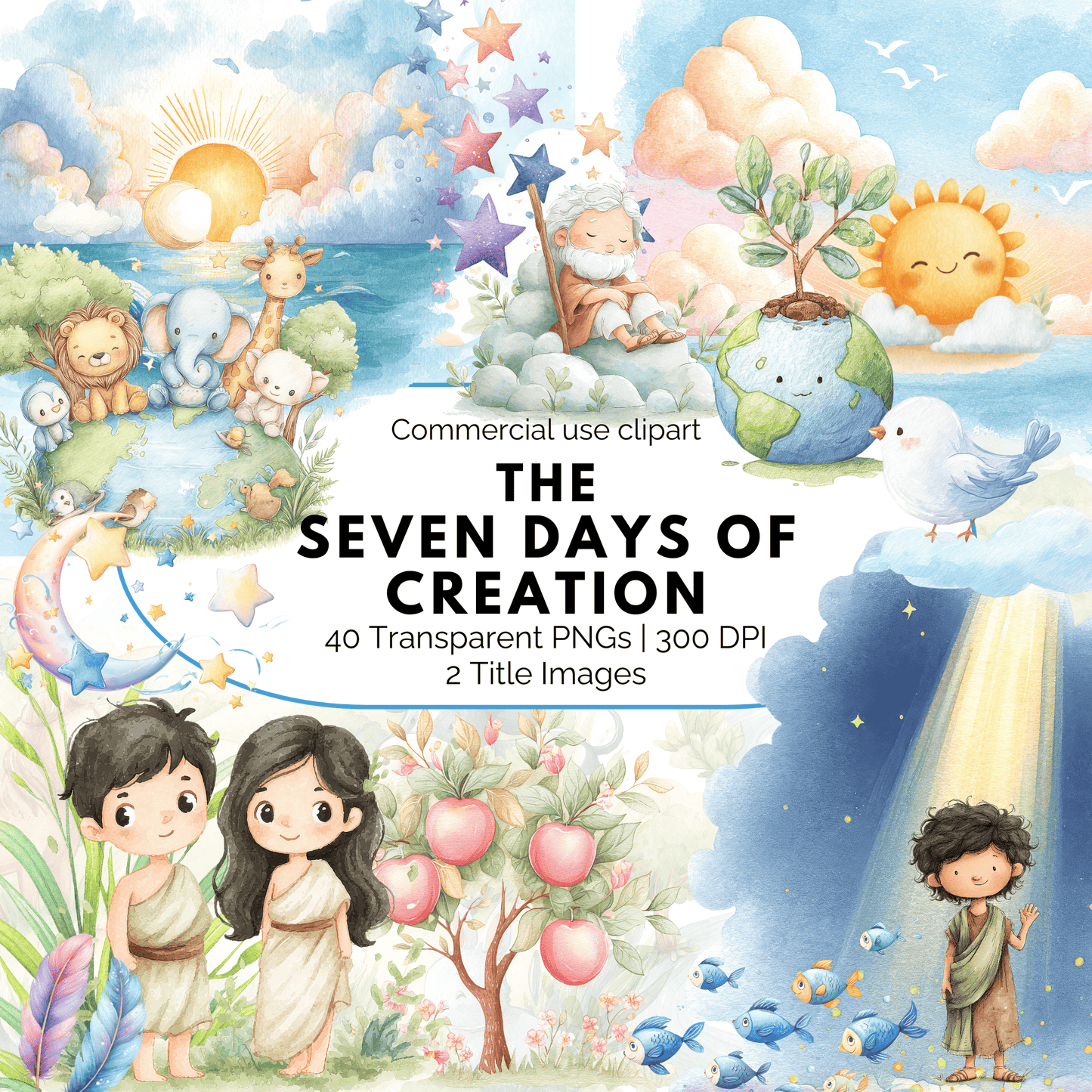 Seven Days of Creation Clipart – Bible Creation Story PNG, Christian Kids Clipart, Sunday School Graphics, Commercial Use