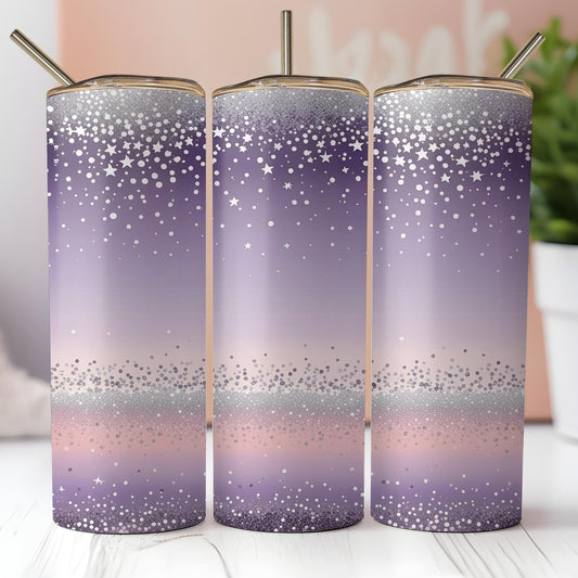 a couple of purple and white tumbles sitting on top of a table