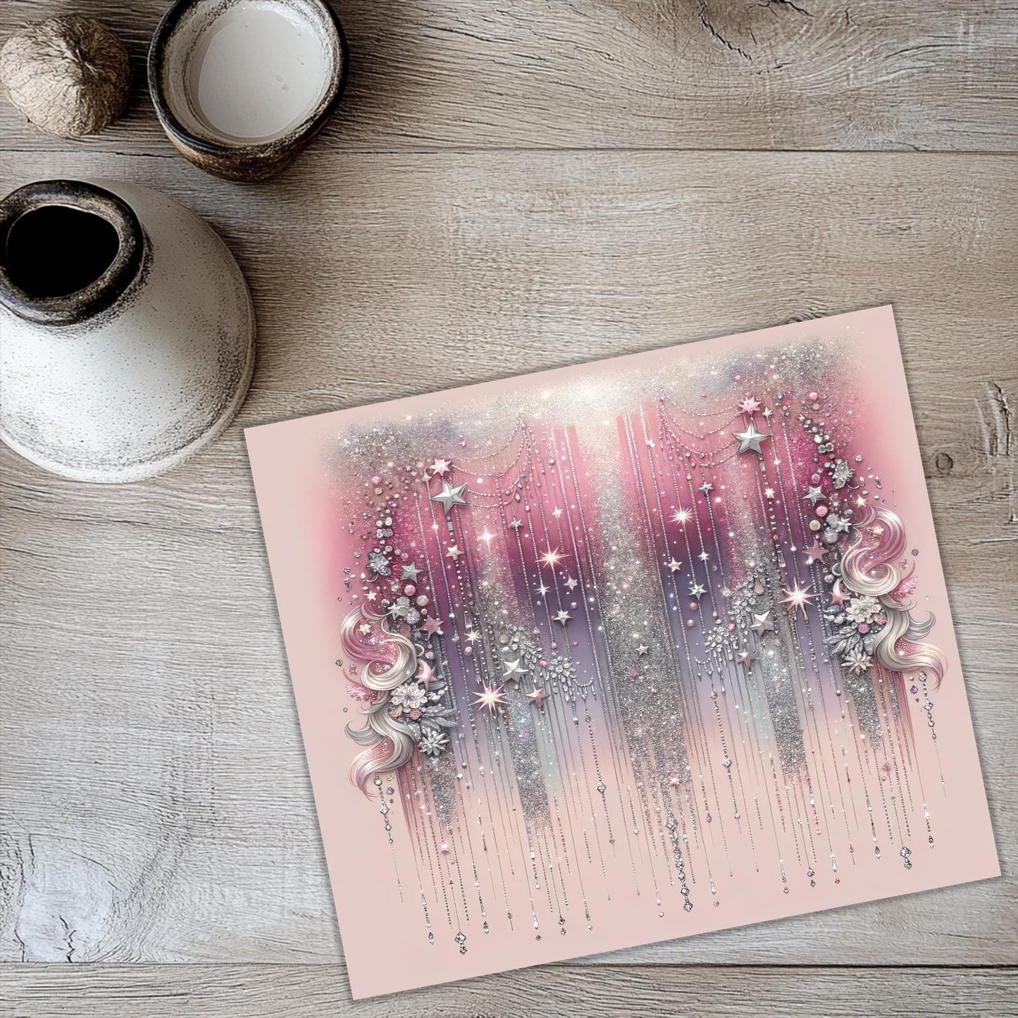 a card with a pink background and stars