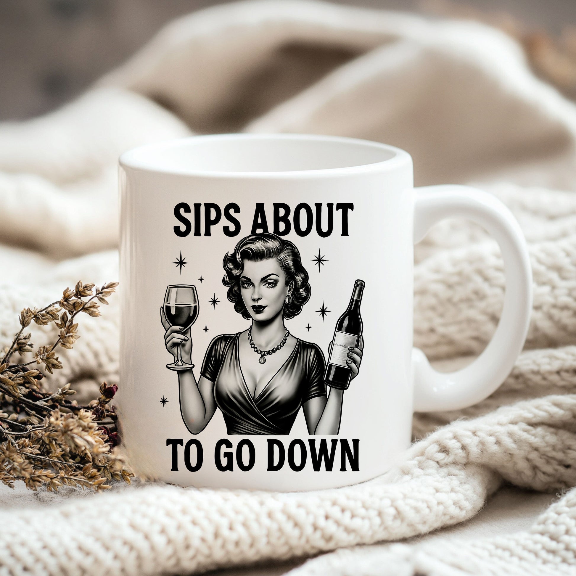 a coffee mug with a picture of a woman holding a glass of wine