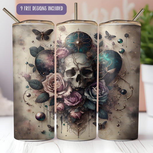 Envoltura para vaso delgado de 20 oz con calavera, rosas y corazones – Sublimación gótica bohemia PNG