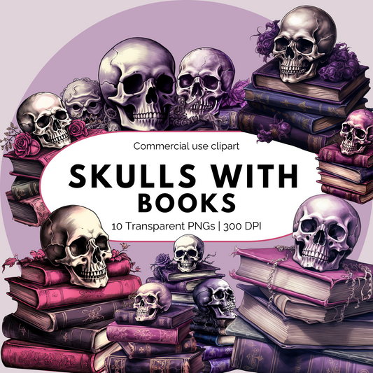 Watercolor Skulls with Books Clipart