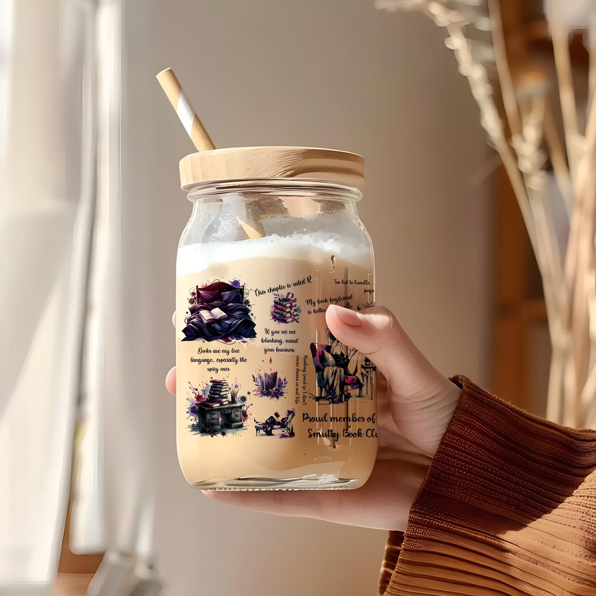 a person holding a jar of food with a straw in it