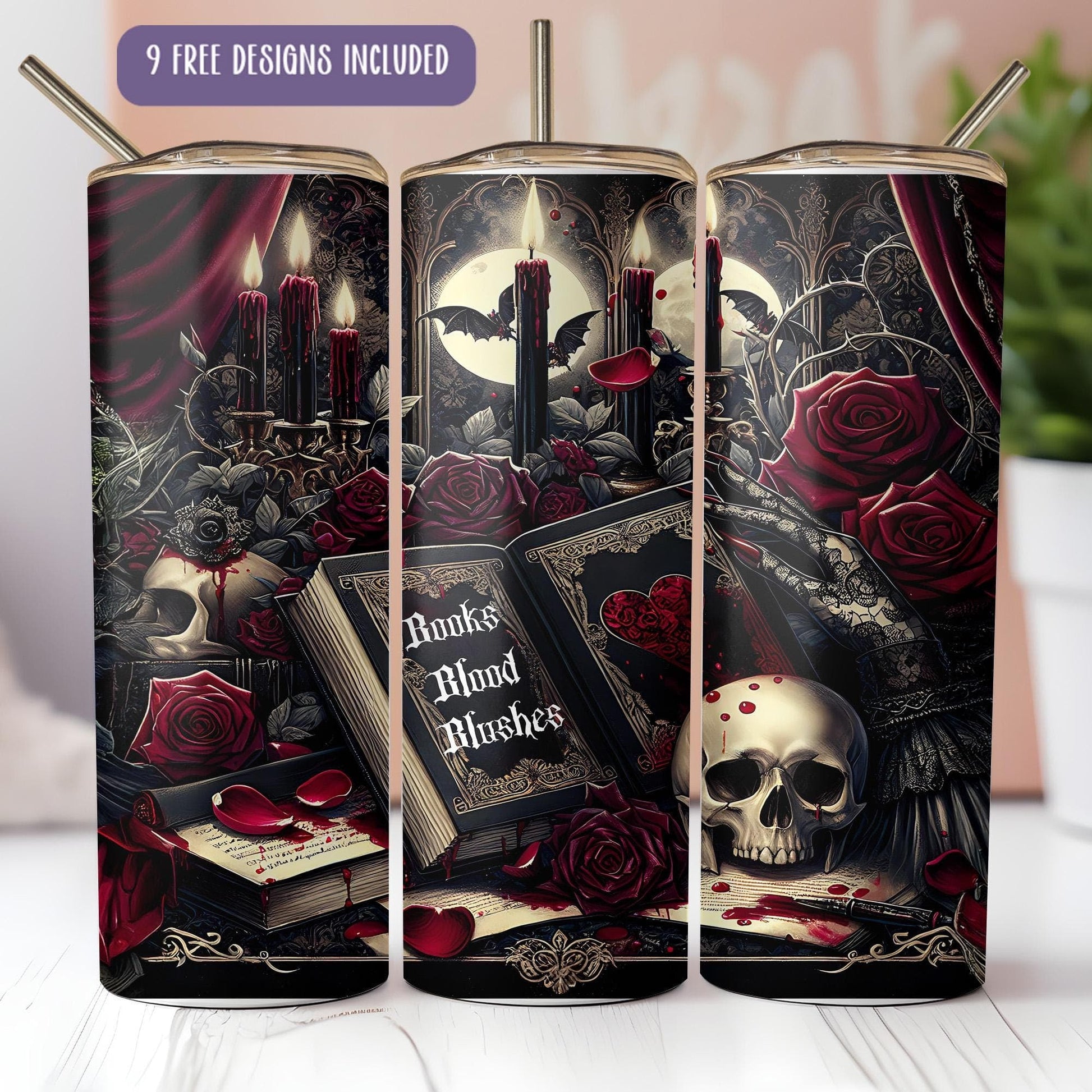 a set of three can coolers with skulls and candles on them