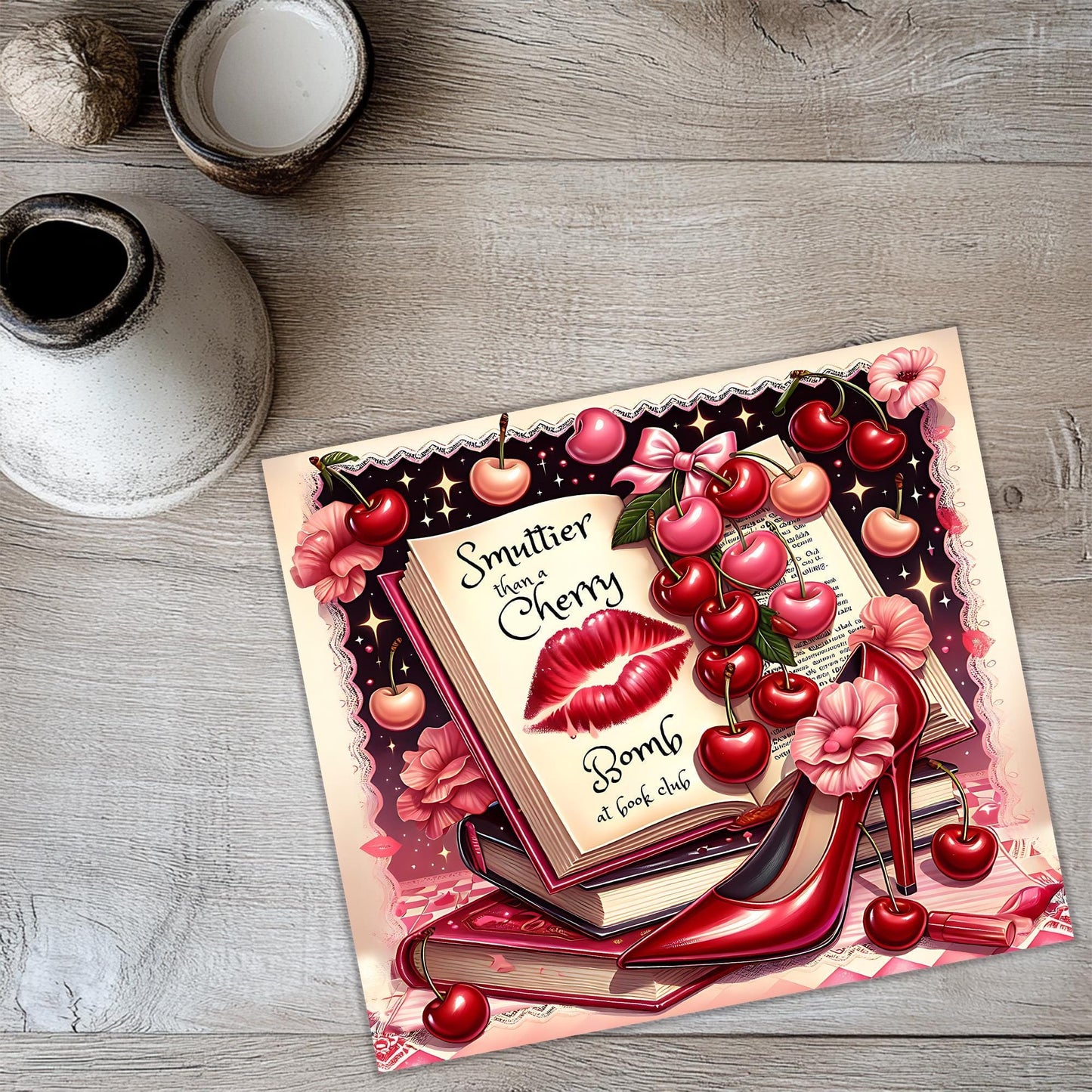a card with a picture of a pair of red shoes