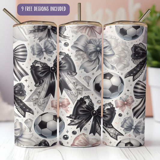 Vaso con lazo de fútbol PNG – Diseño de sublimación de 20 oz para mamá futbolista coqueta