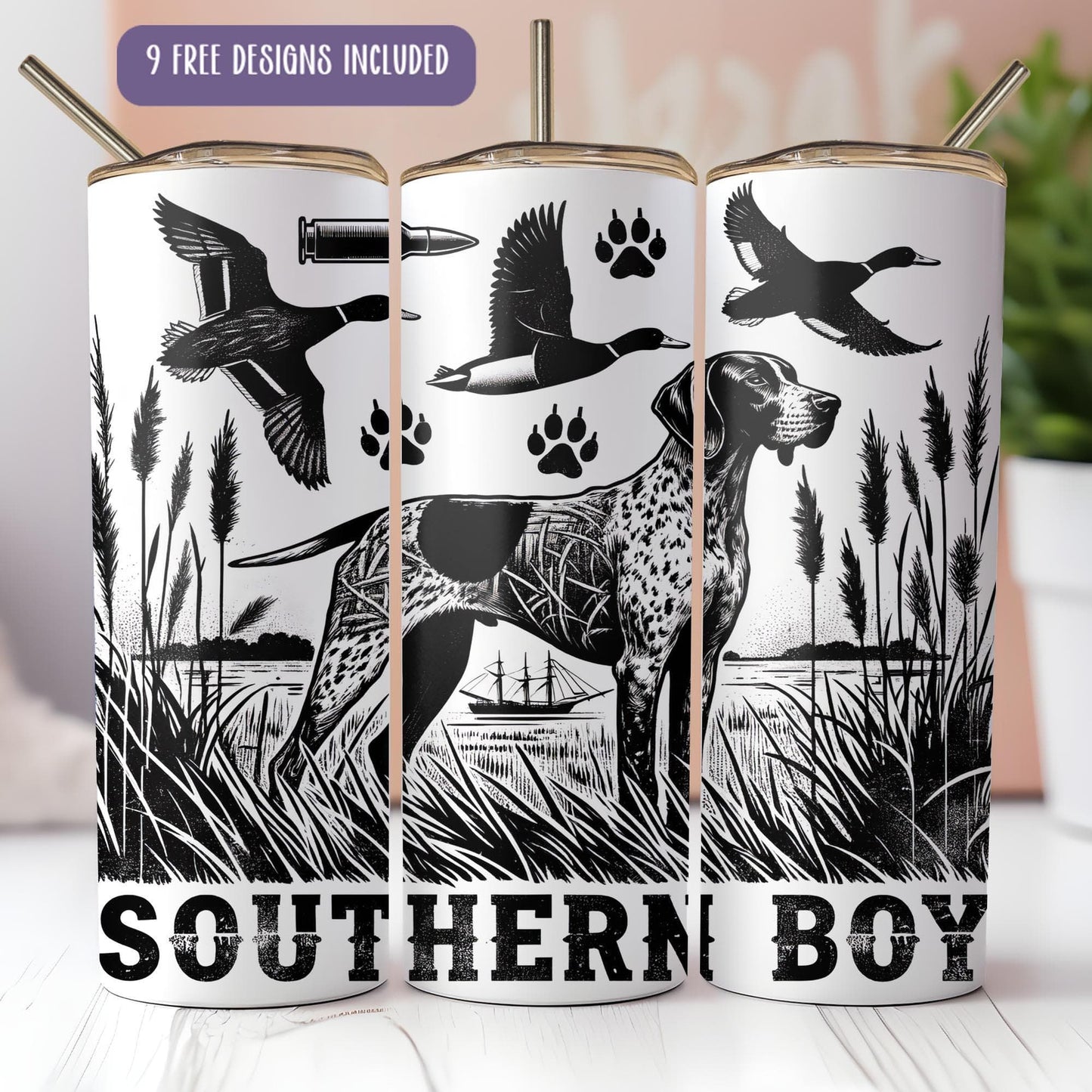 a set of three mugs with a dog and ducks on them