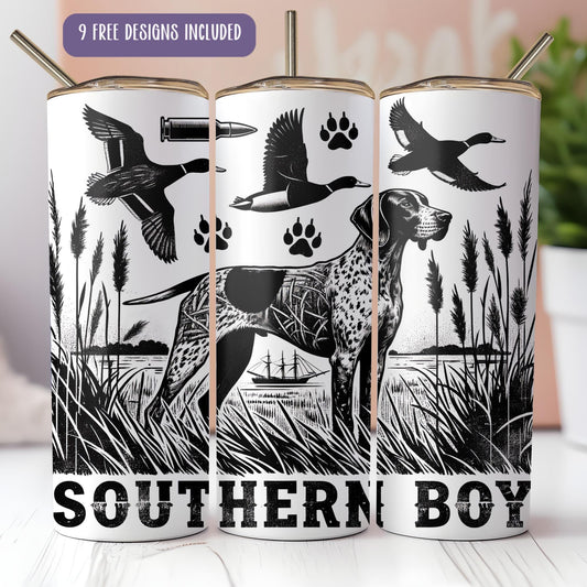 a set of three mugs with a dog and ducks on them