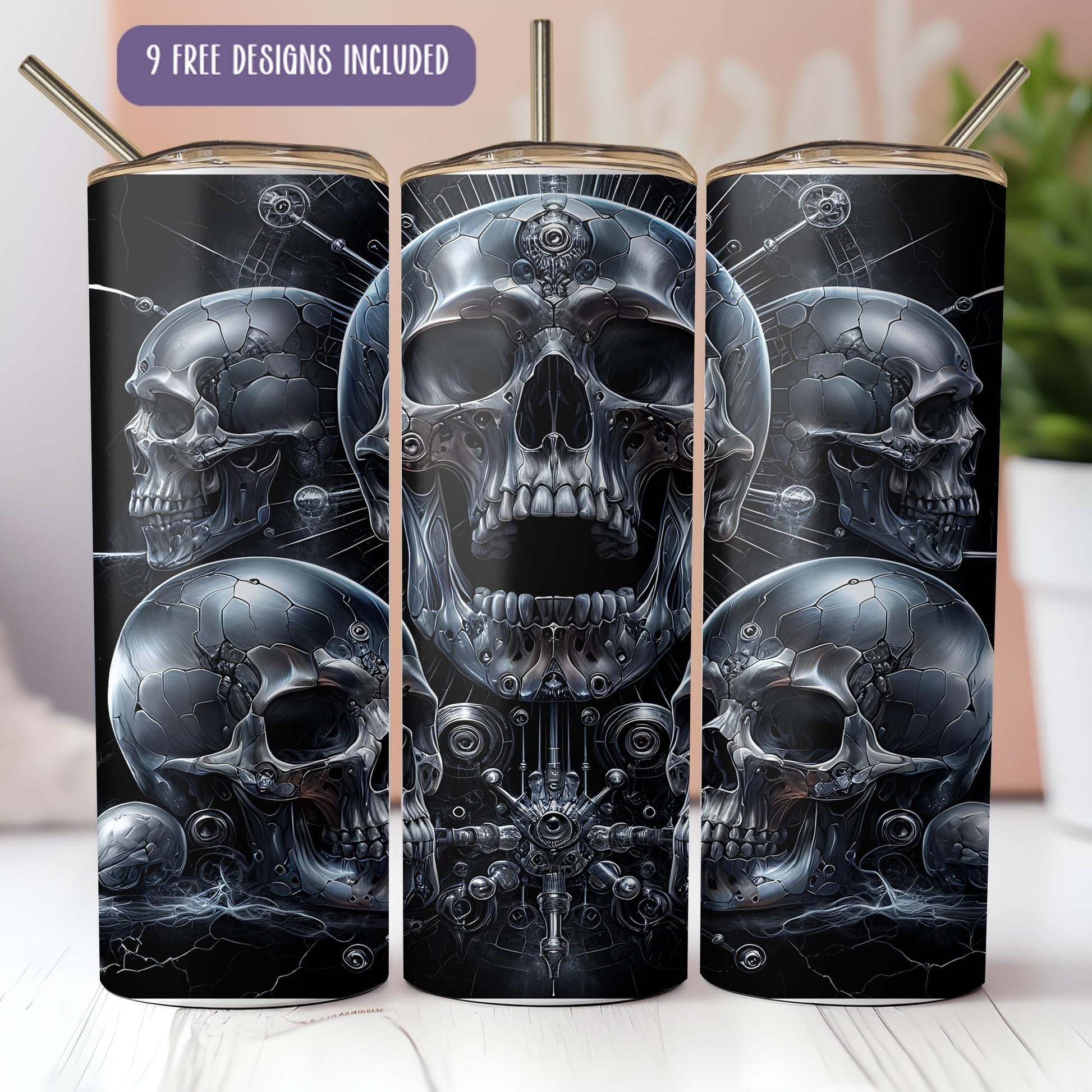 a set of three metal lighters with skulls on them