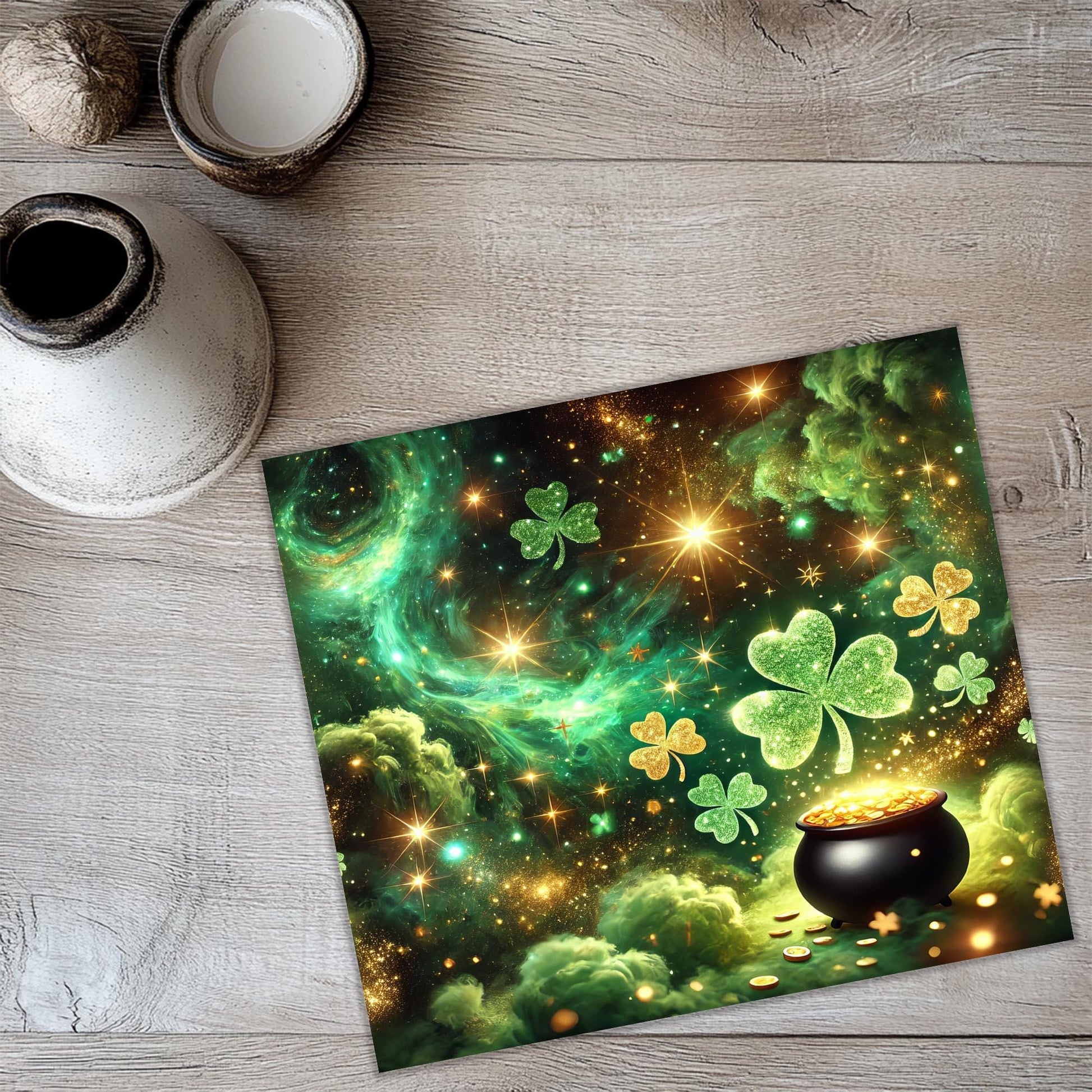 a painting of a pot of gold and shamrocks
