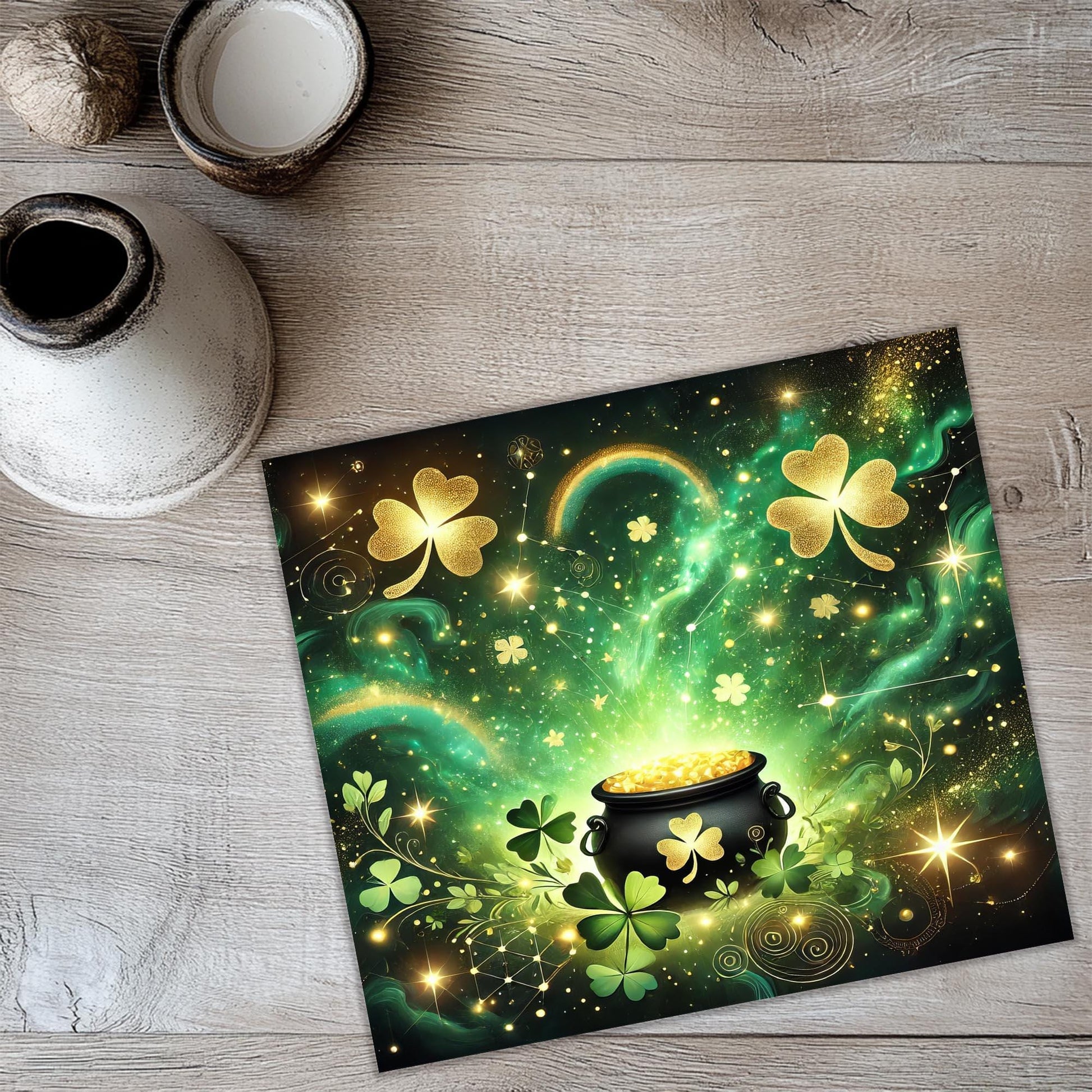 a painting of a pot of gold on a table