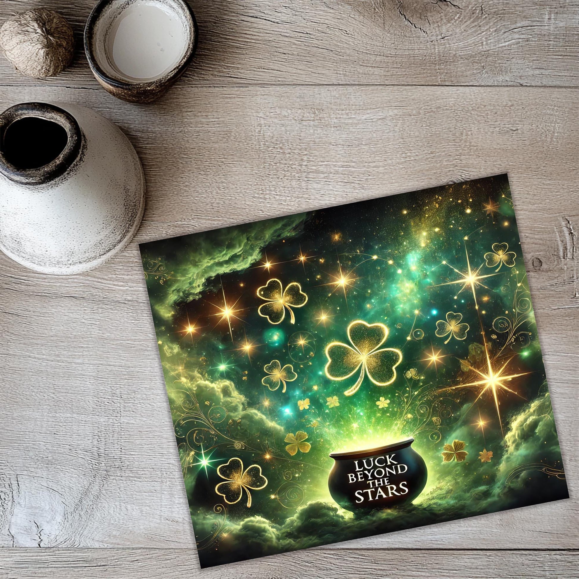 a st patrick's day greeting card with shamrocks and stars
