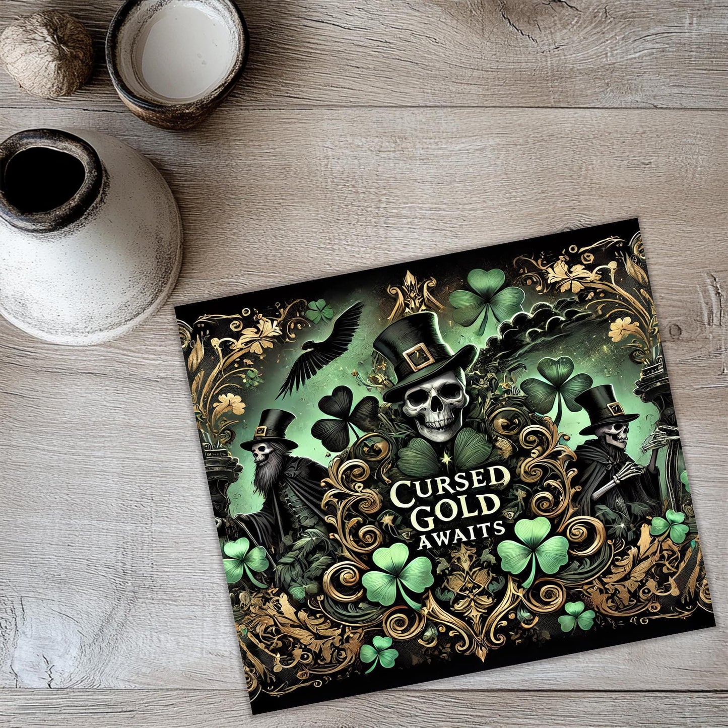 a card with a skull on it sitting on a table