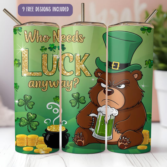 a green can with a brown bear holding a beer
