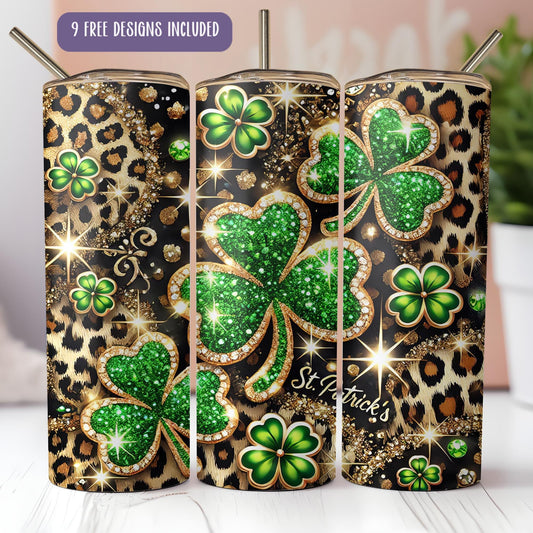 a set of four green shamrocks on a black background