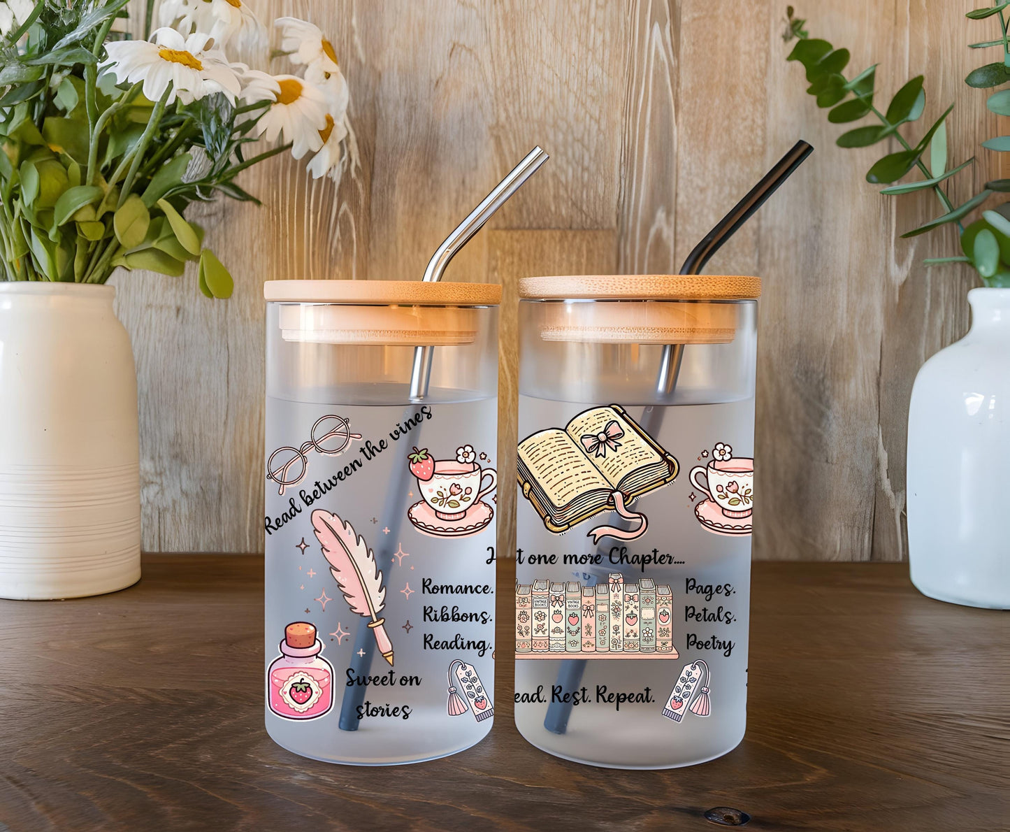 a couple of glasses sitting on top of a wooden table