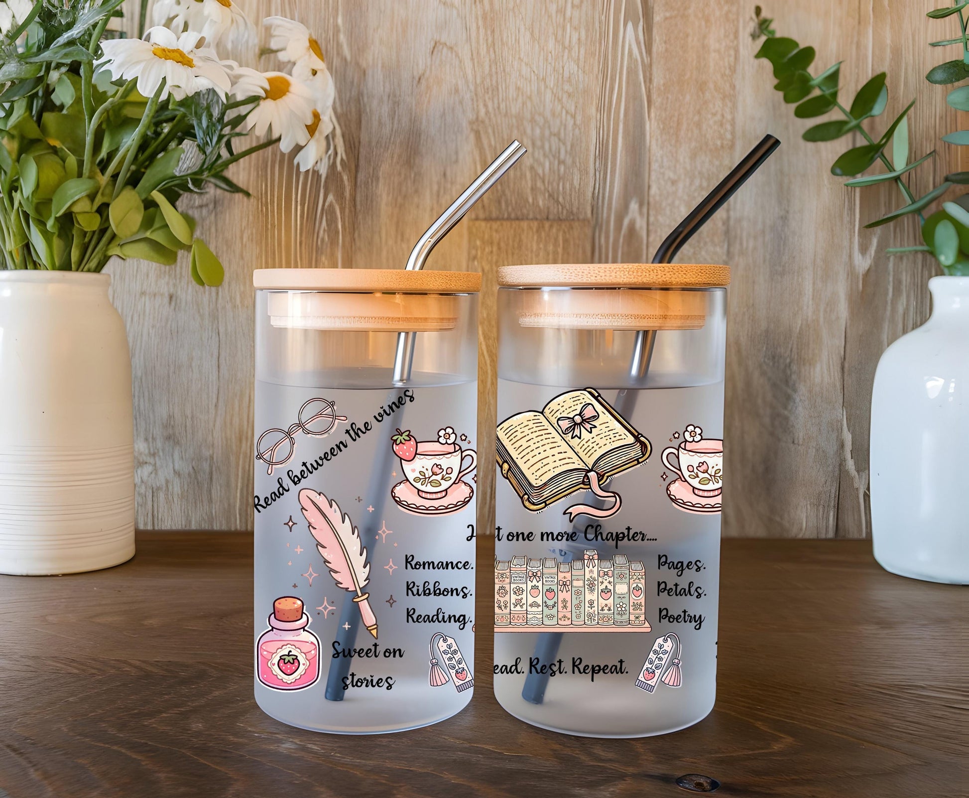 a couple of glasses sitting on top of a wooden table