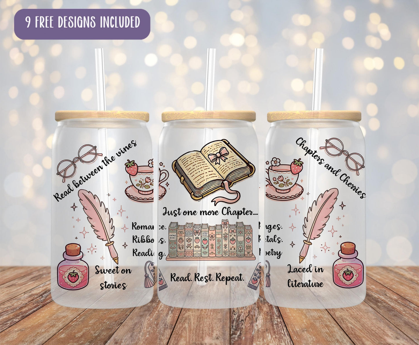 three personalized mason jars with a picture of a book