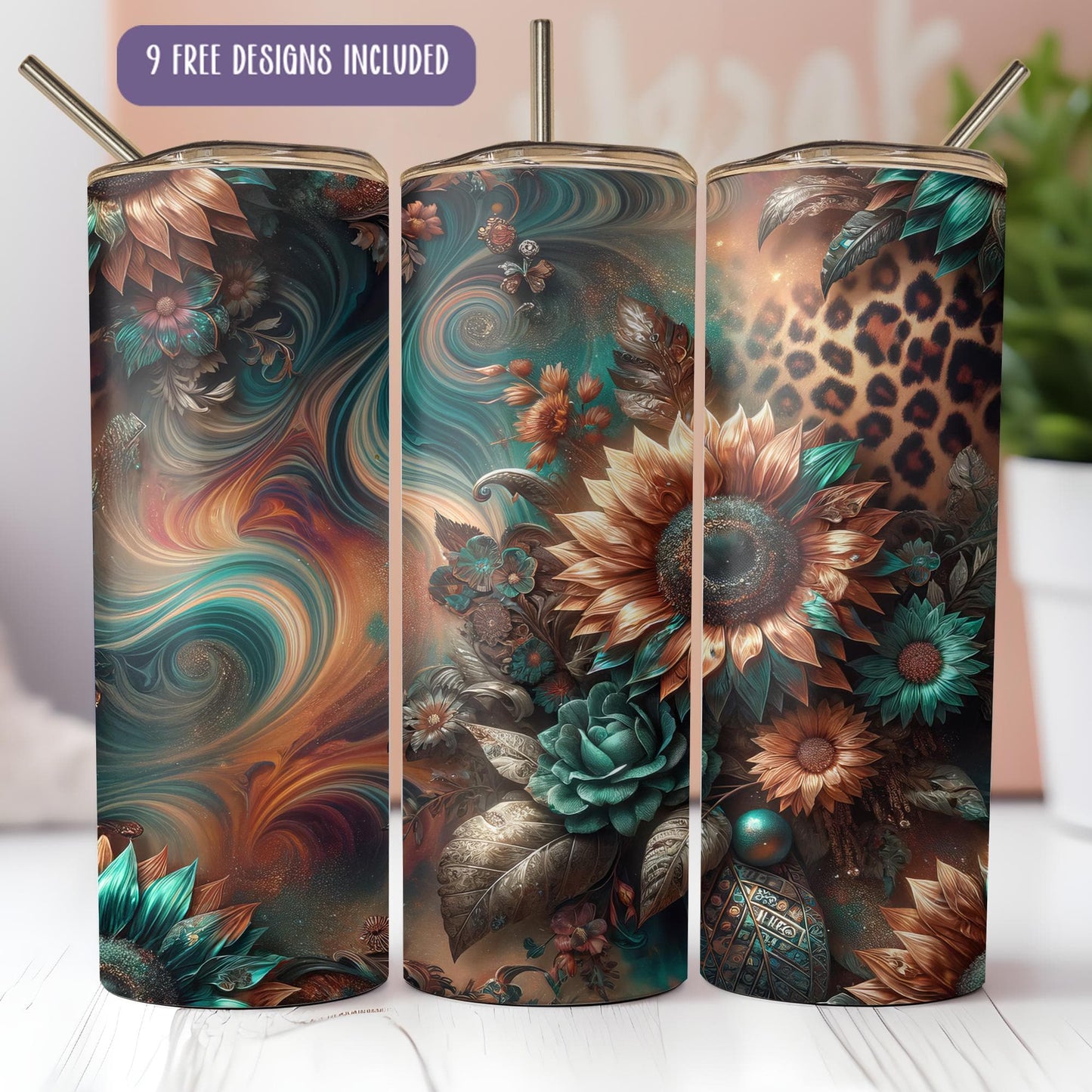 a set of three travel mugs with flowers on them