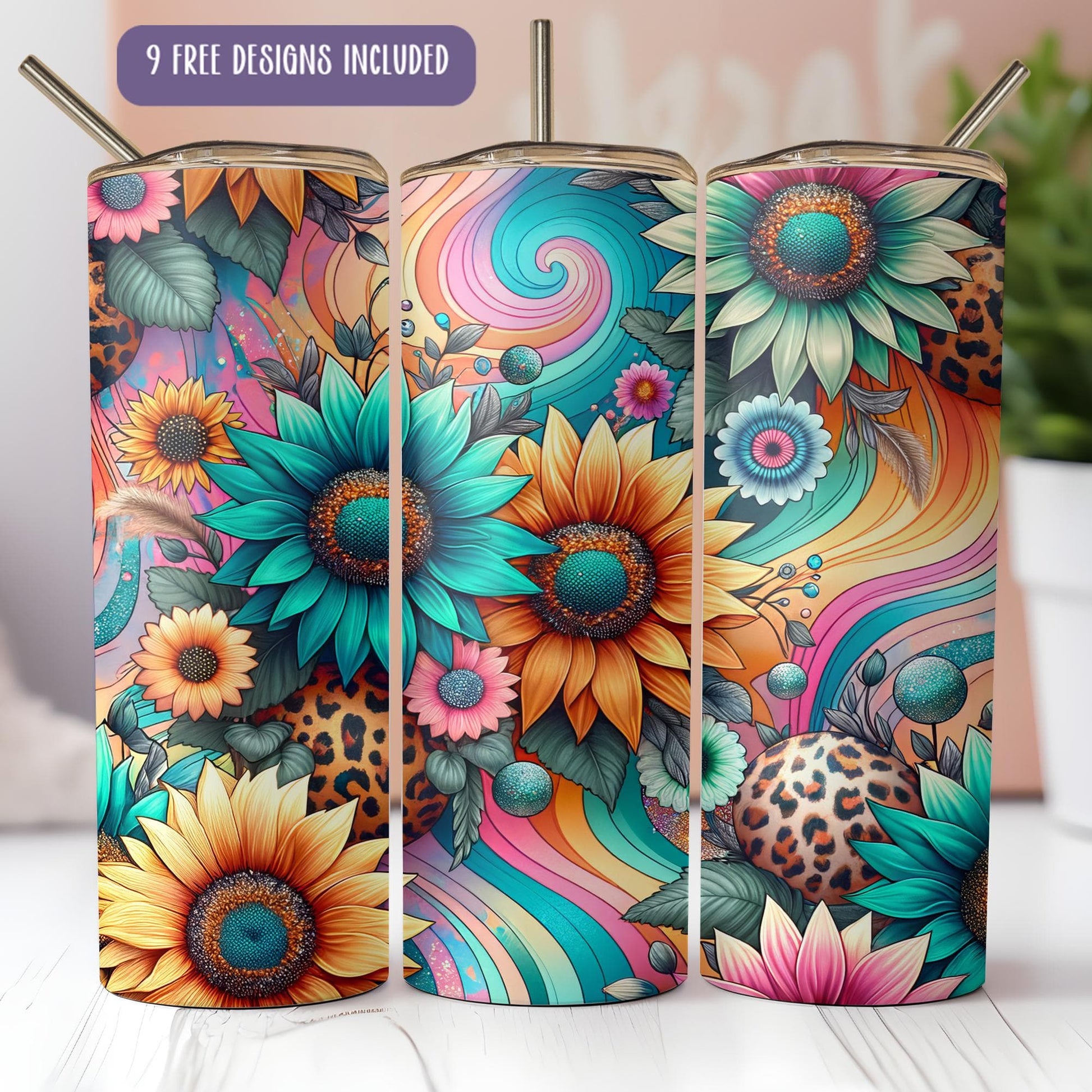 a set of three colorful vases sitting on top of a table