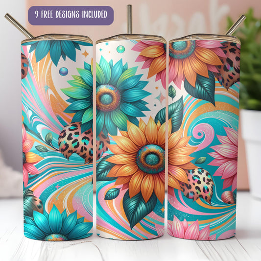 a set of three colorful floral tumbles sitting on top of a table