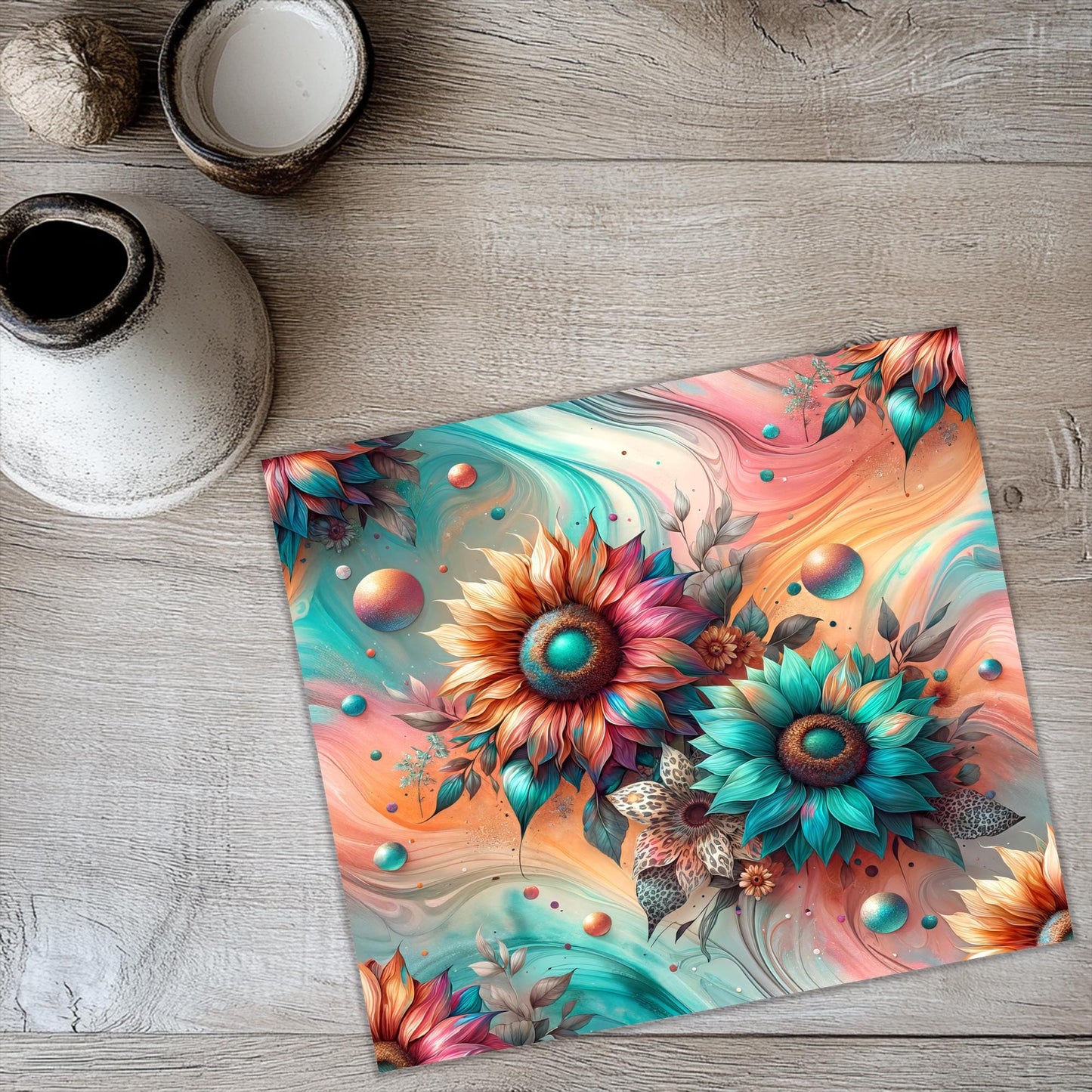 a painting of sunflowers on a wood floor