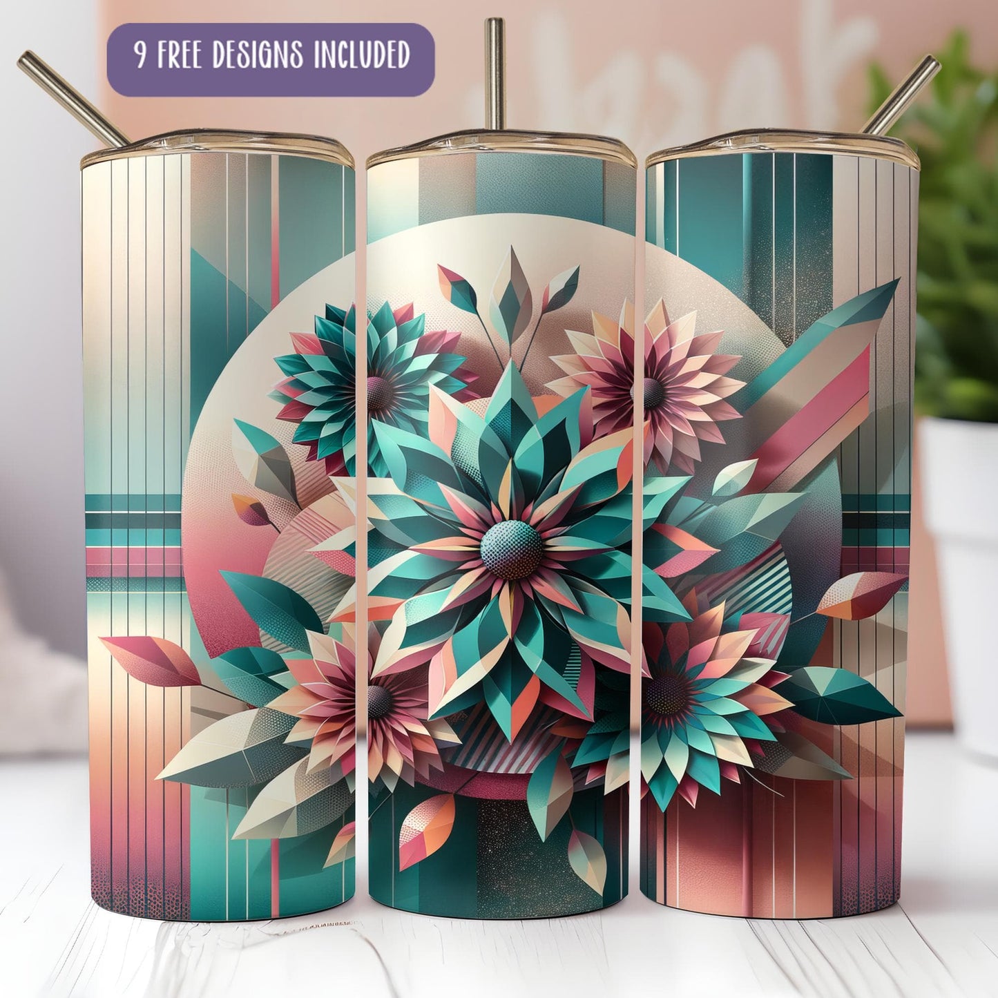 a set of three colorfully designed vases on a table