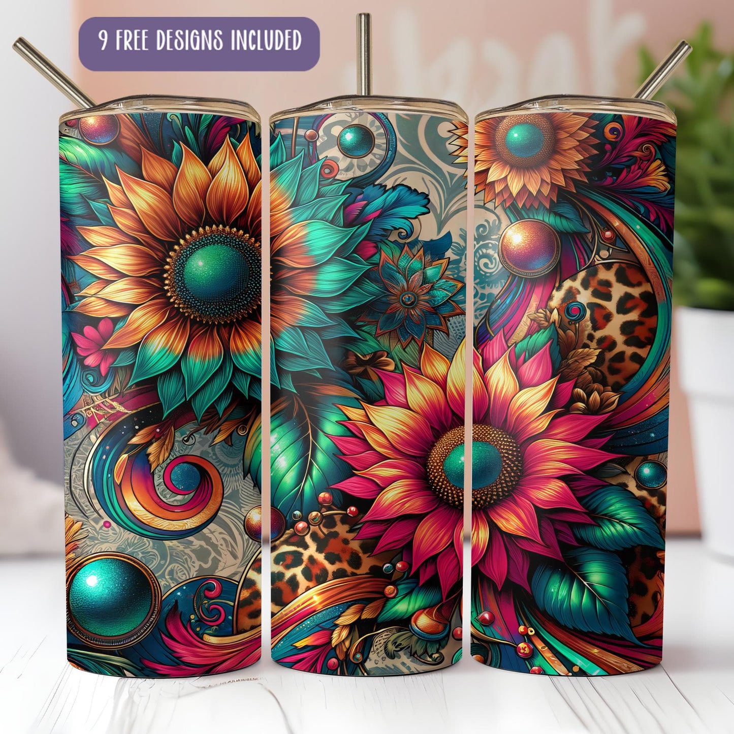 a set of three colorful vases sitting on top of a table