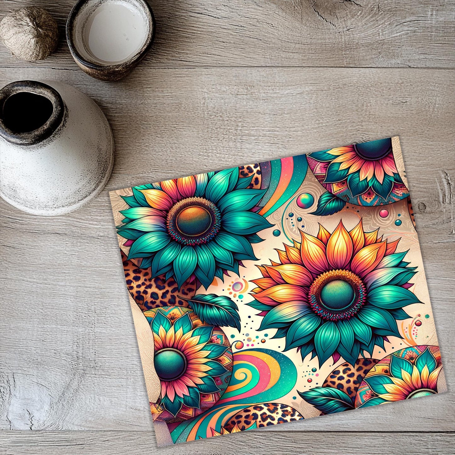 a painting of sunflowers on a wooden table