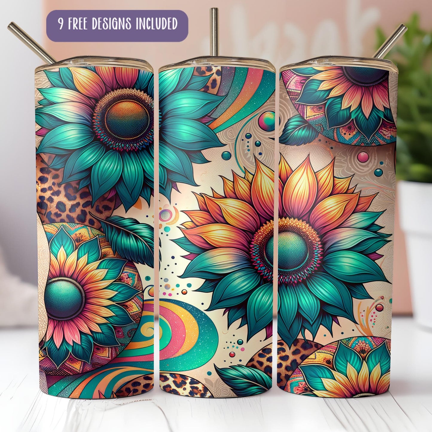 a set of three colorful flower design tumblers