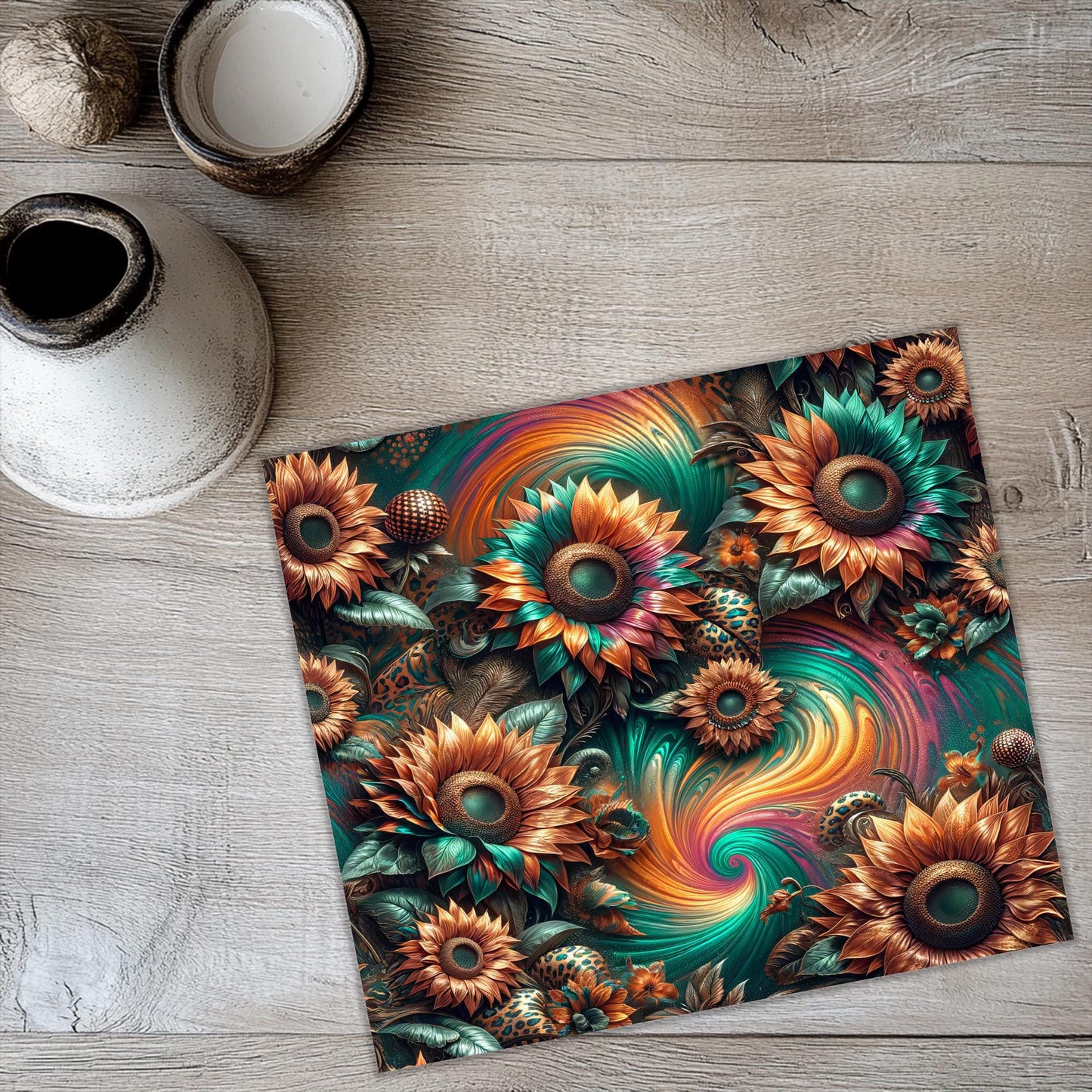 a painting of sunflowers on a wooden floor