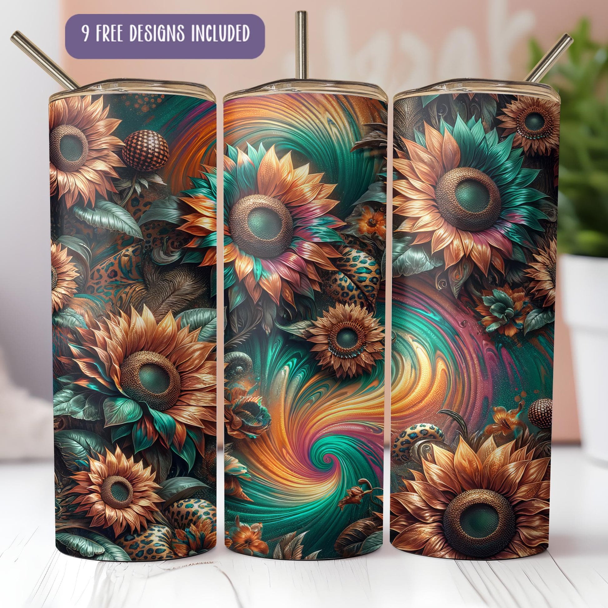 a set of three colorful tumblers with a floral design