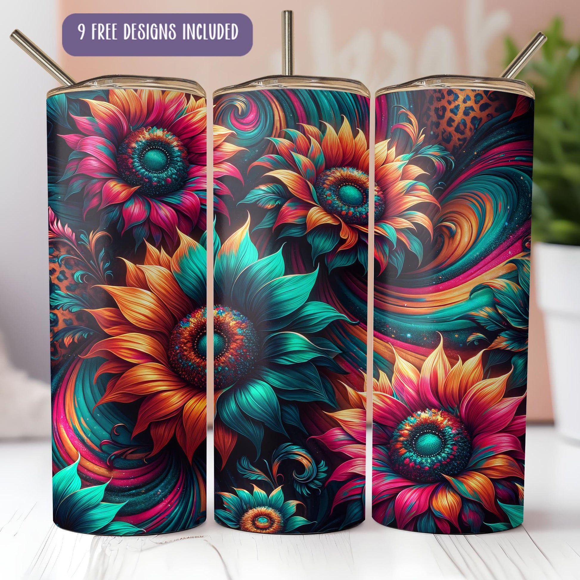 a set of three colorful floral tumblers on a table