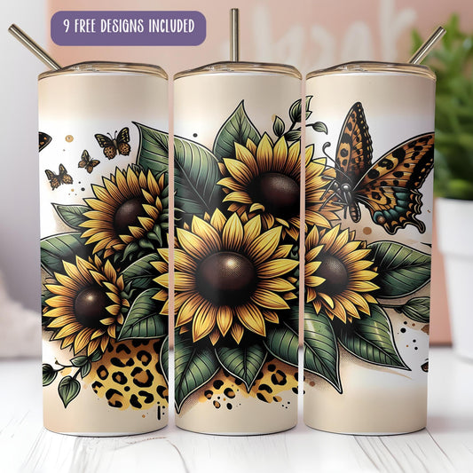 three sunflowers and a butterfly on a white background