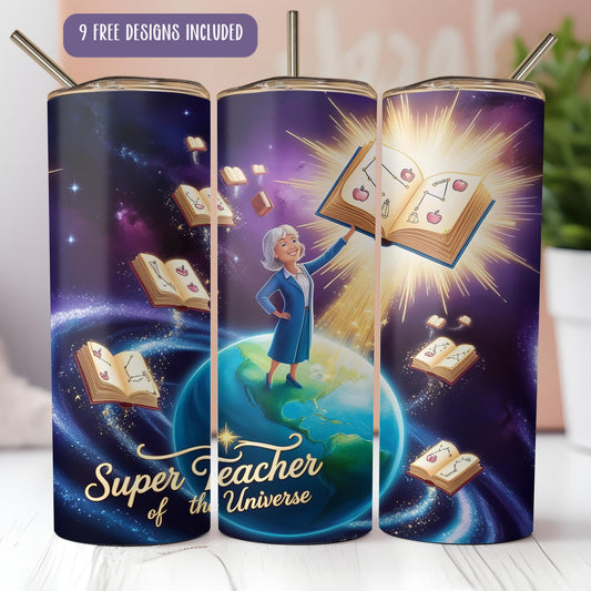 a set of three personalized travel mugs with an image of a teacher on