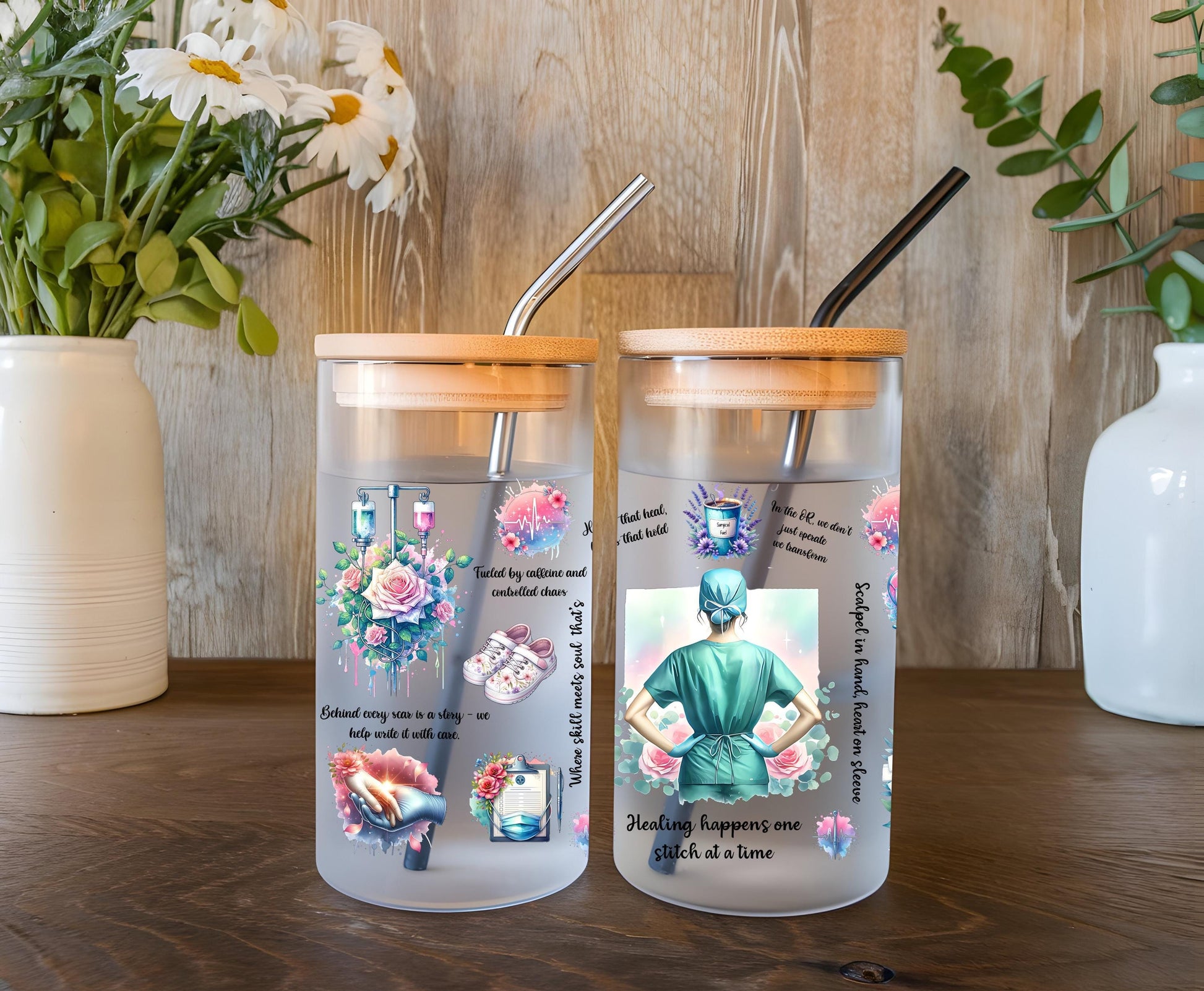 a couple of jars sitting on top of a wooden table