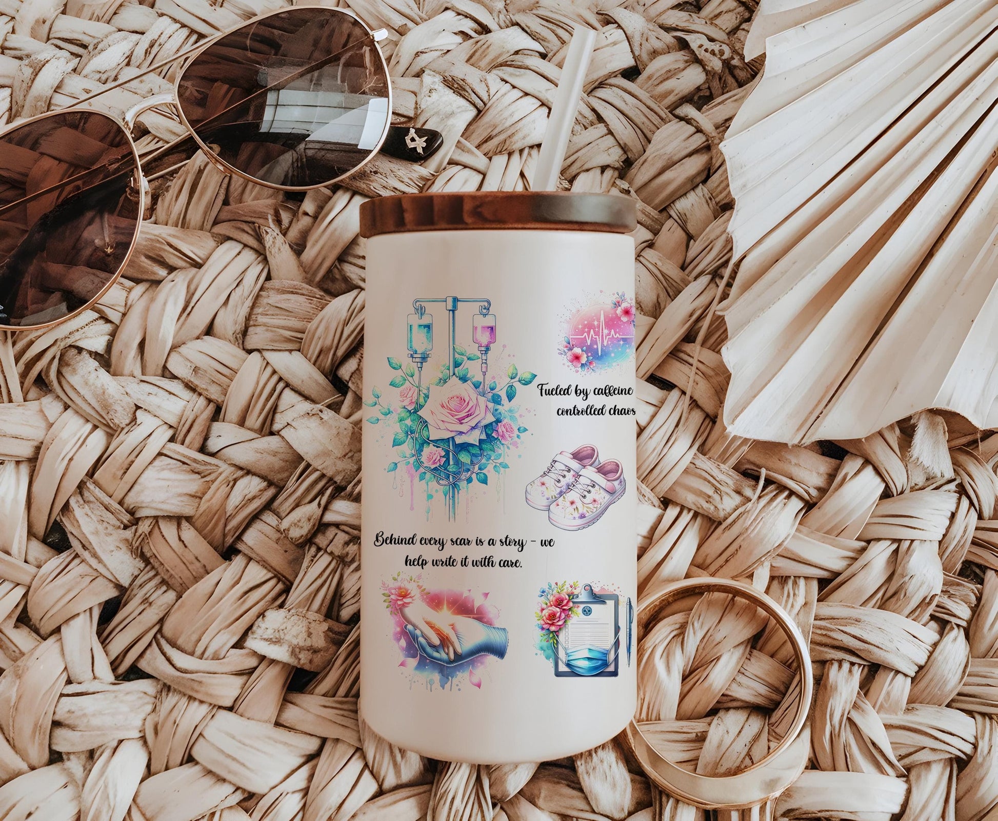 a coffee cup with a picture of a woman's hand and flowers on it