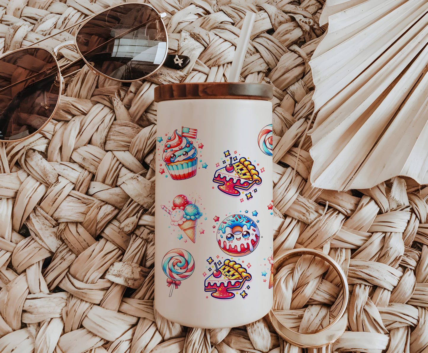 a white coffee cup with a colorful sticker on it