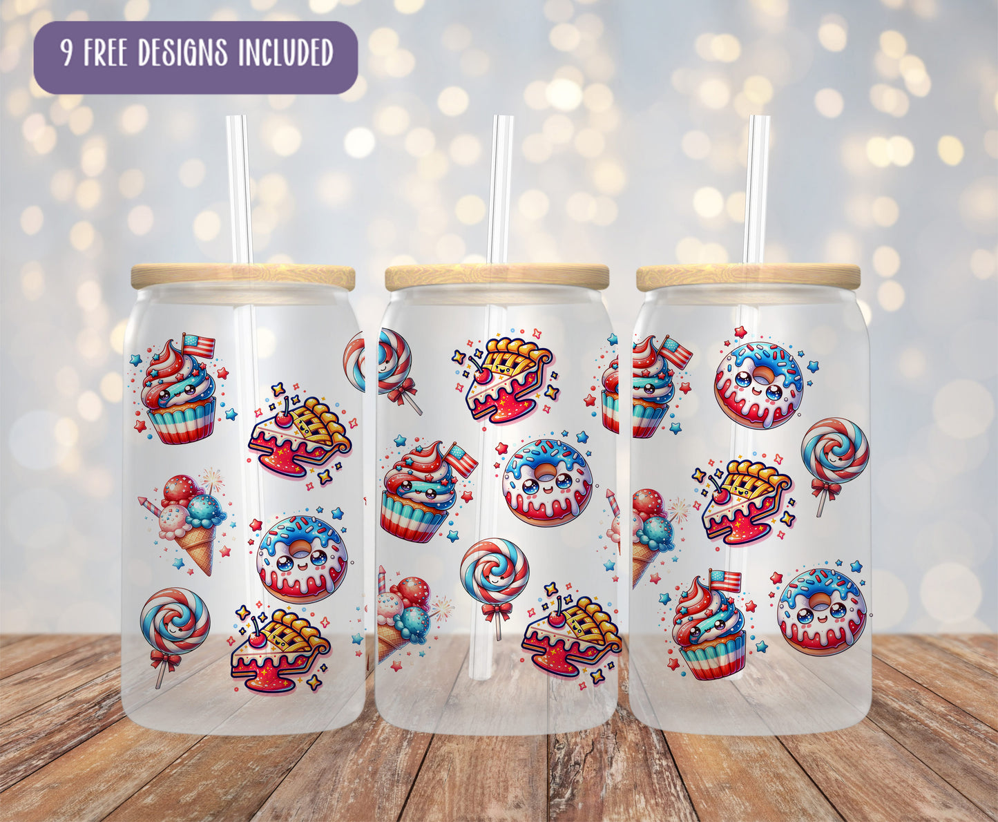 three decorated tumblers with straws on a wooden table