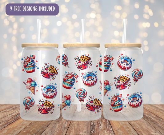 three decorated tumblers with straws on a wooden table