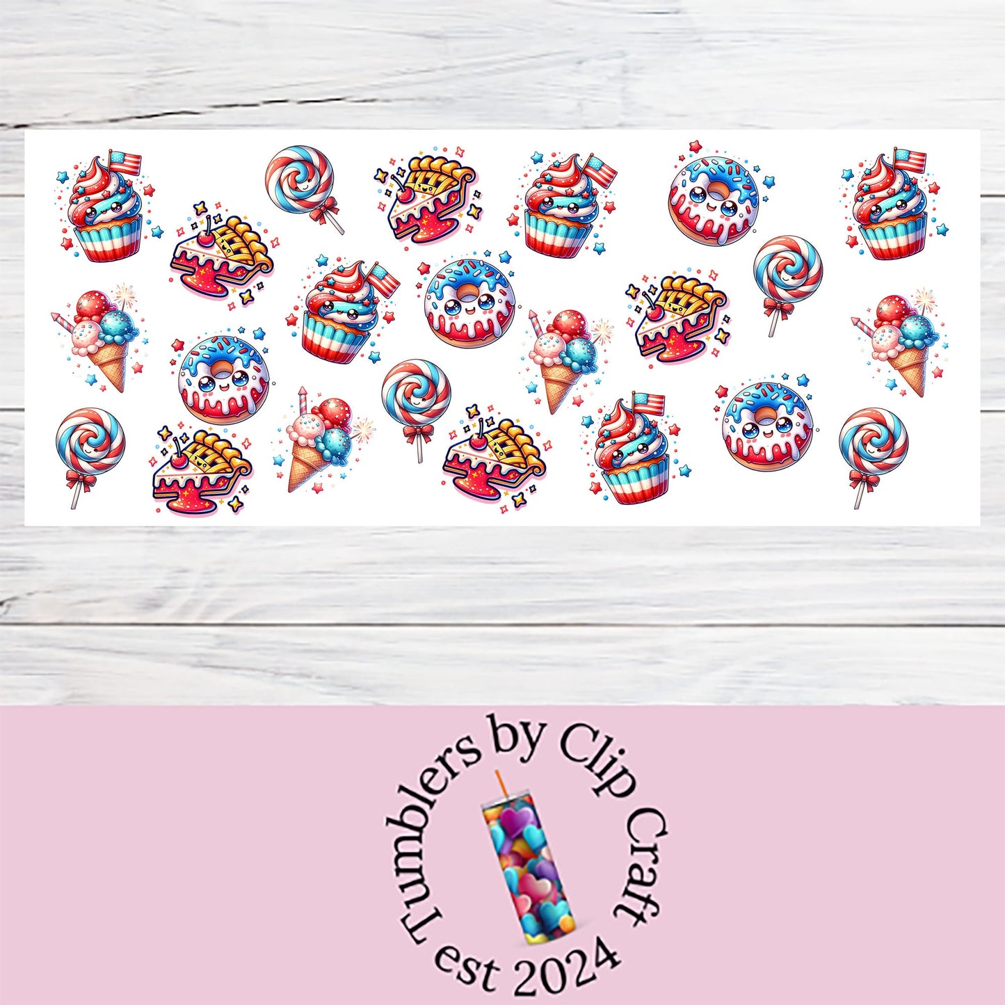 a sticker of cupcakes on a white wooden background