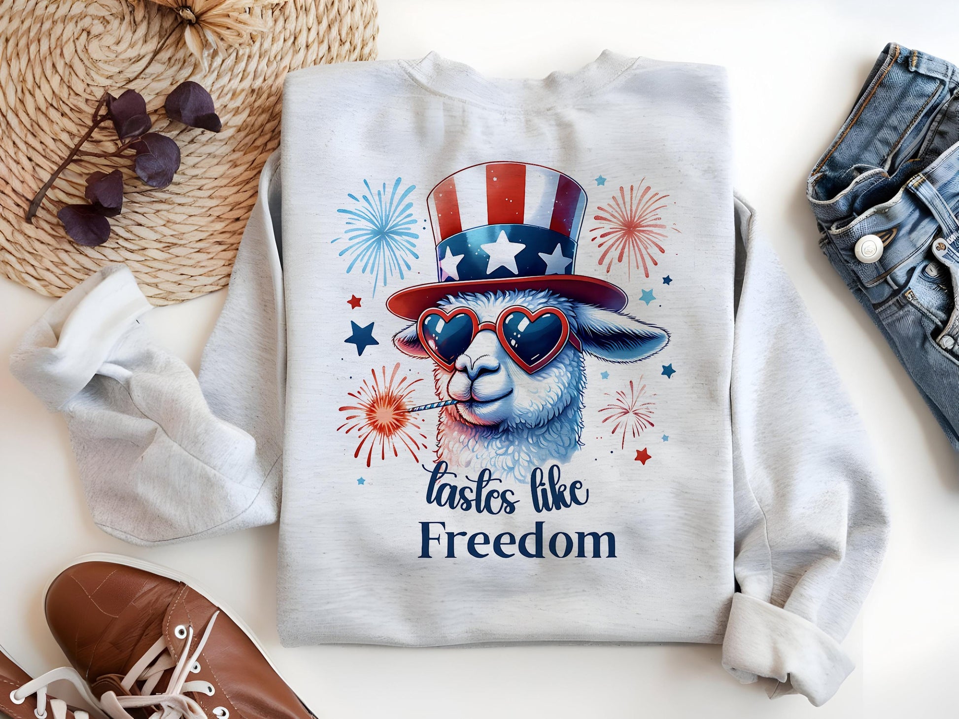 a white shirt with an image of a sheep wearing a hat and sunglasses