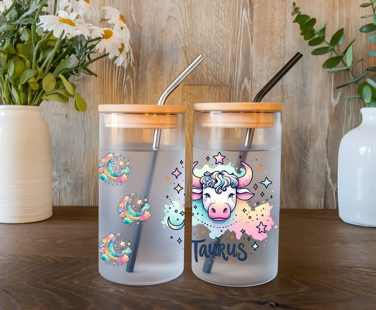 a couple of cups sitting on top of a wooden table