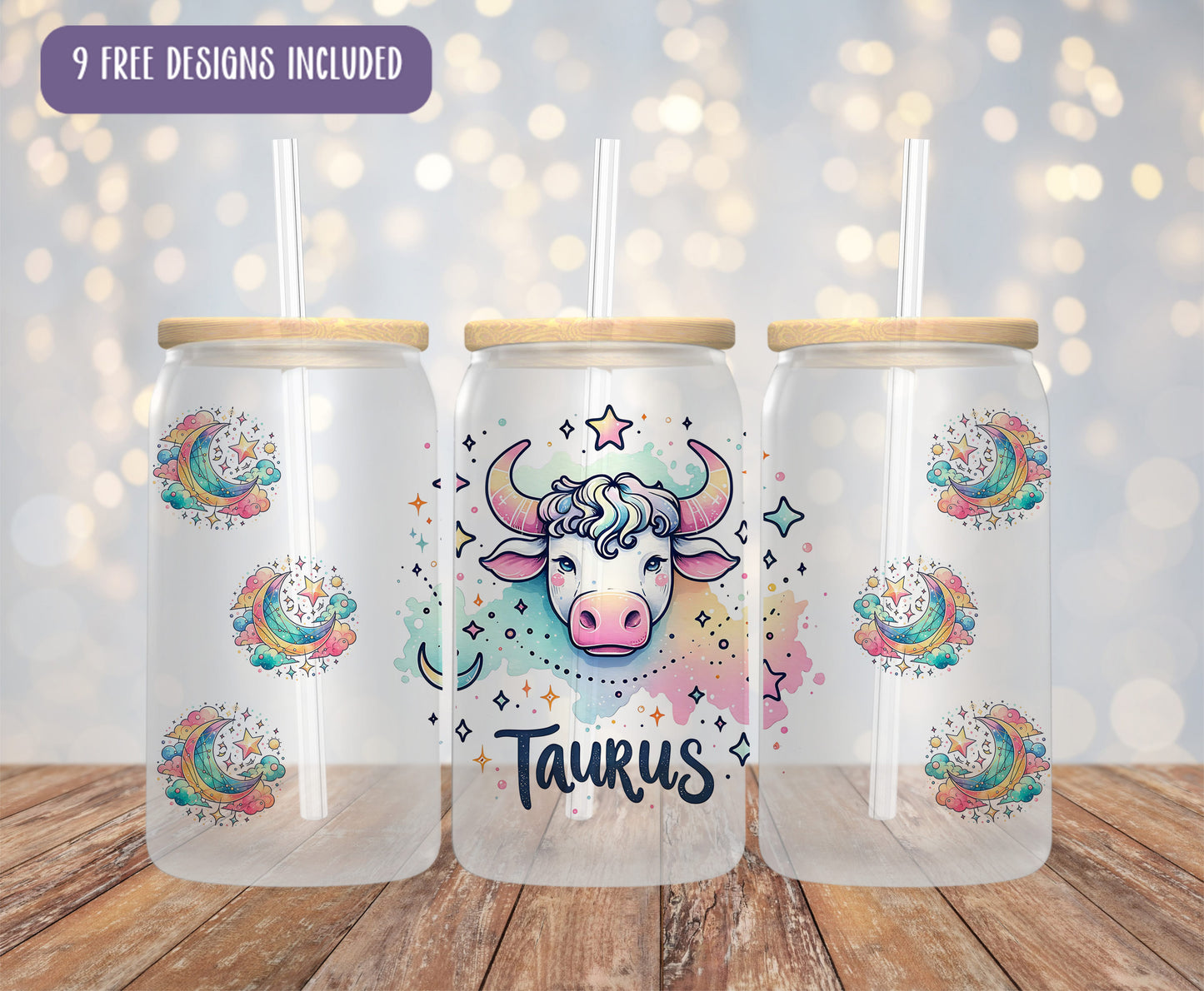 three tumblers with a picture of a cow on them