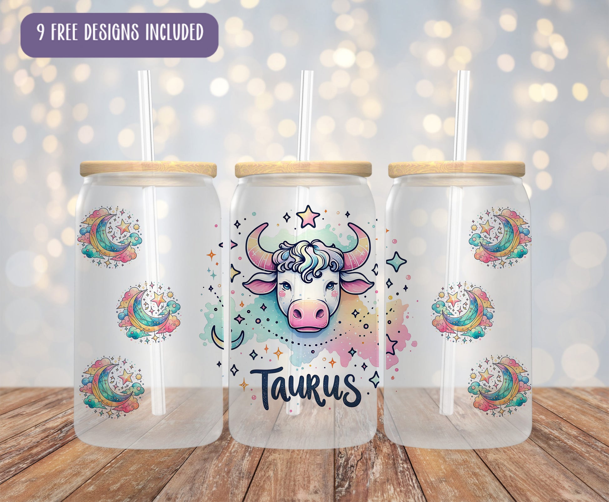 three tumblers with a picture of a cow on them