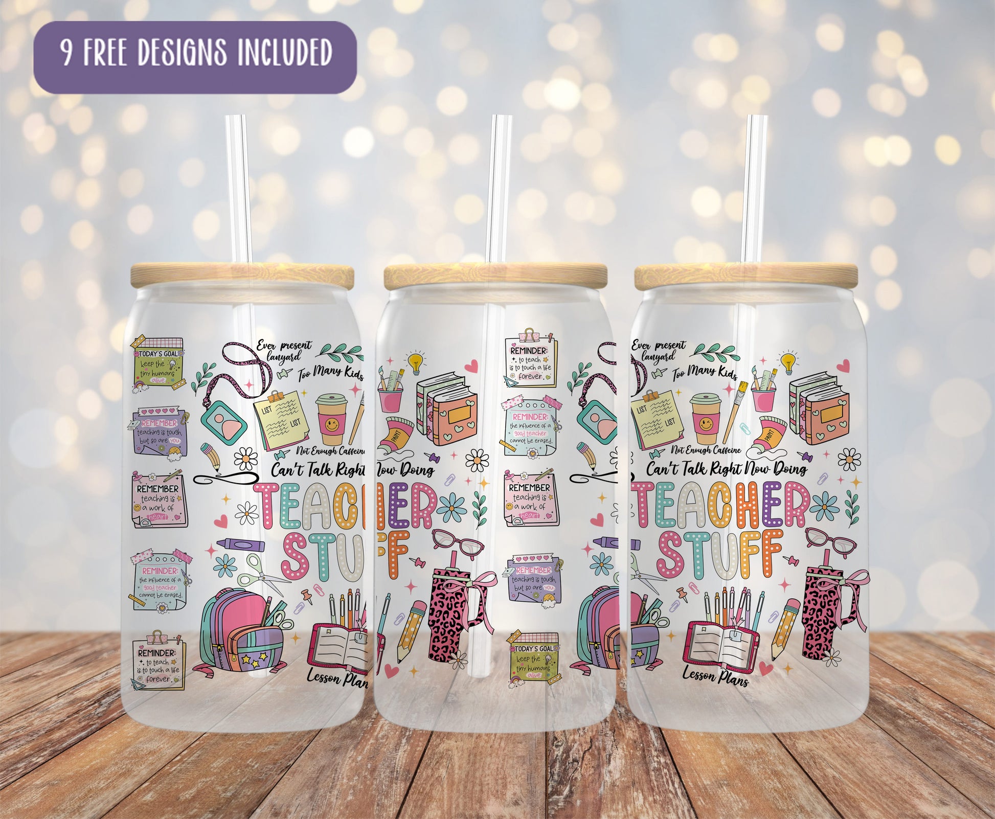 two clear tumblers with colored drawings on them