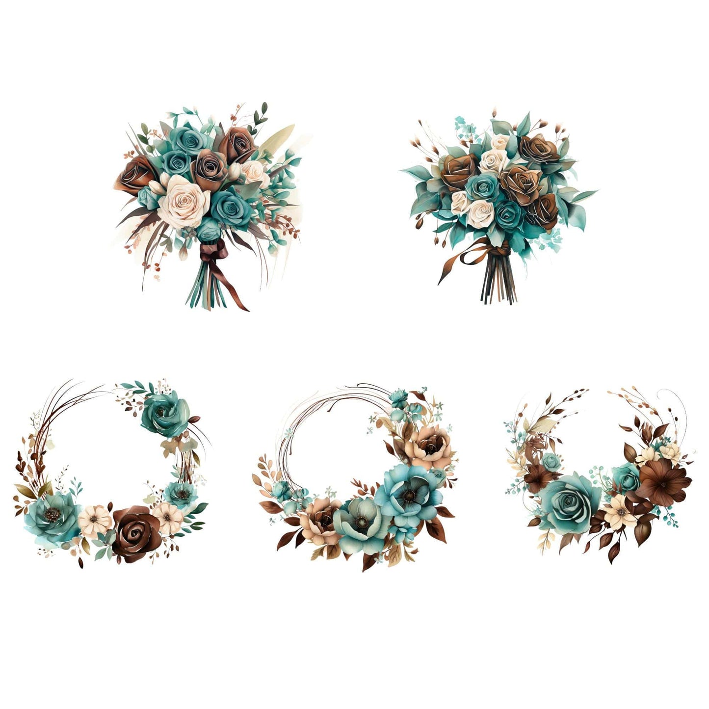 Teal and Chocolate Brown Floral Clipart