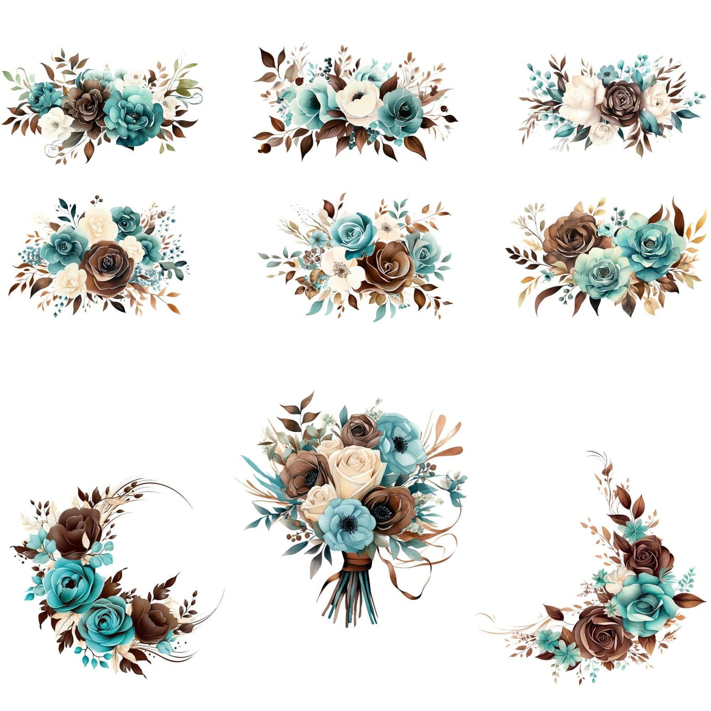 Teal and Chocolate Brown Floral Clipart