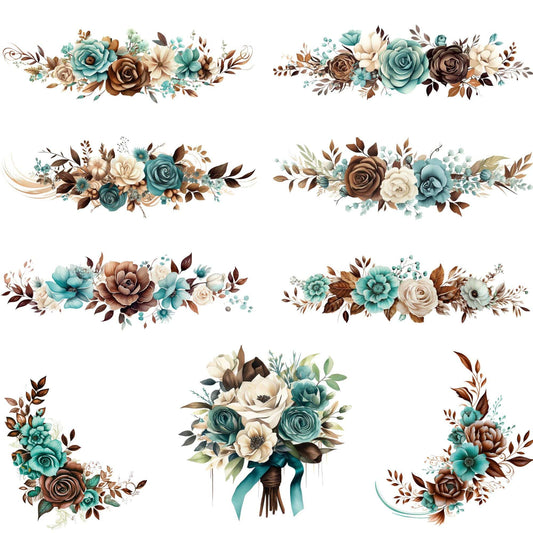 Teal and Chocolate Brown Floral Clipart