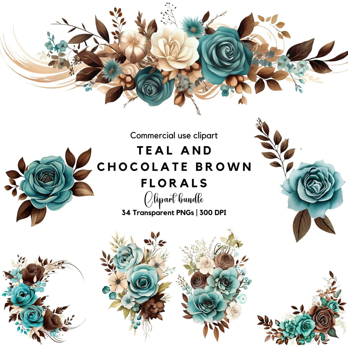 Teal and Chocolate Brown Floral Clipart